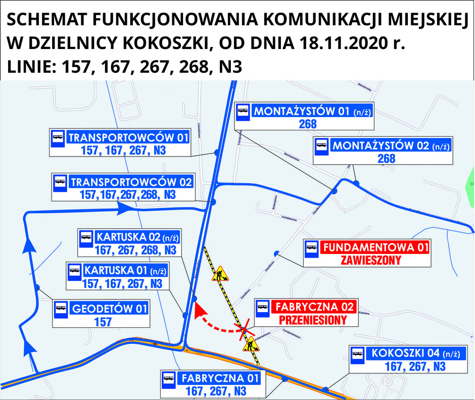 Mapka kokoszki objazd fabrycznej 18.11.2020