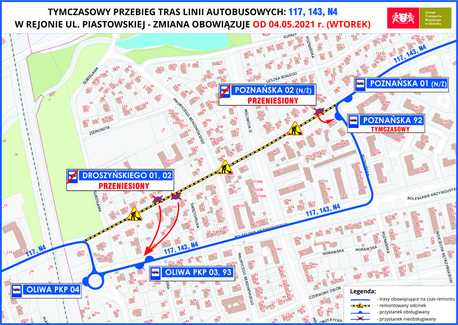 2021.05.04 - remont ul. Piastowskiej - zmiany na liniach 117, 143, N4